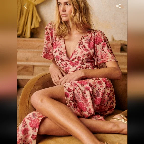 Sezane Sarah Pink Floral Midi Wrap Dress - Picture 3 of 7